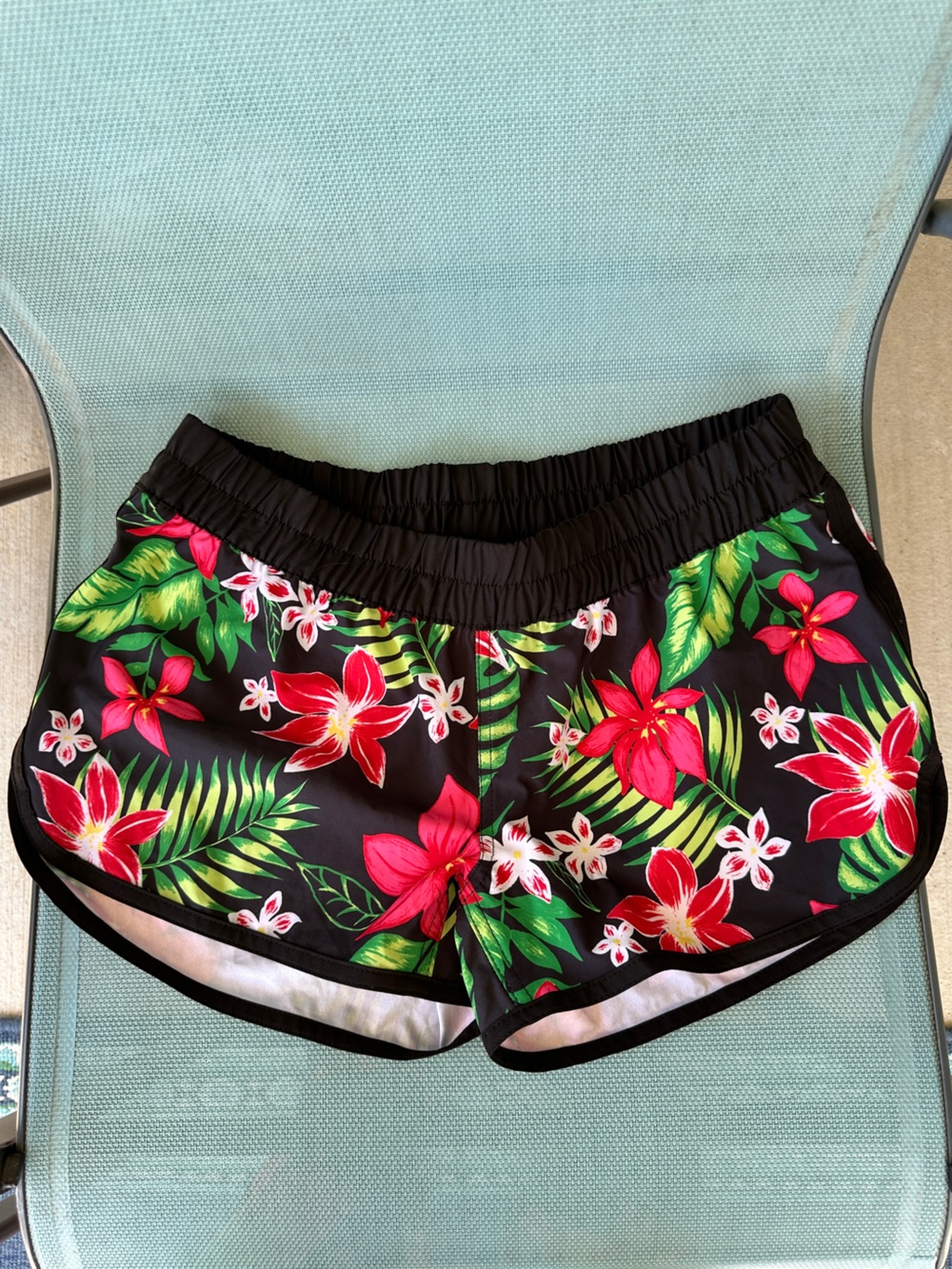 Tropical Floral Swim Shorts - Black with Pink & Green Flowers size Small